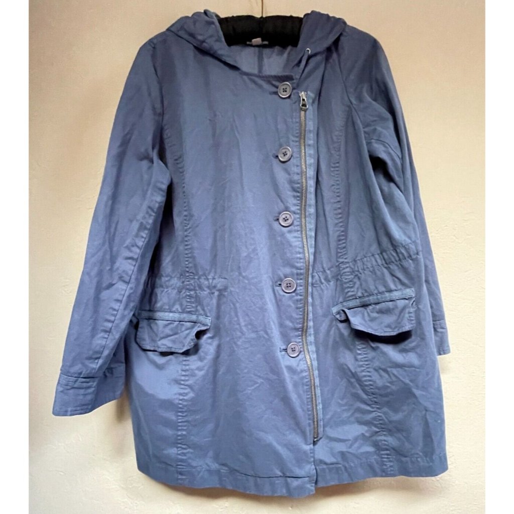 J.Jill Womens Large Petite Zip/Button Hooded Windbreaker Jacket Blue Lightweight